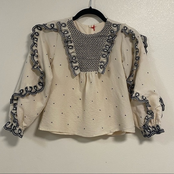 Ruffle Blouse Women’s Size Small white black Cropped Embroidered Ruffle Top - Picture 1 of 11